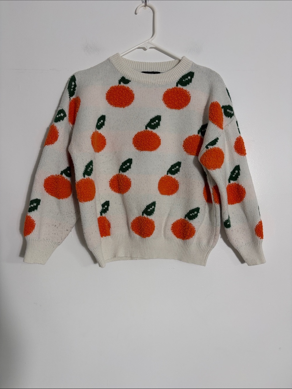 Cider Cozy White Sweater with Orange Fruit Motif Medium